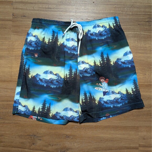 RSVLTS x Bob Ross Limited Edition Forest Print Swim Trunks Shorts Mens Sz Large - Picture 1 of 11